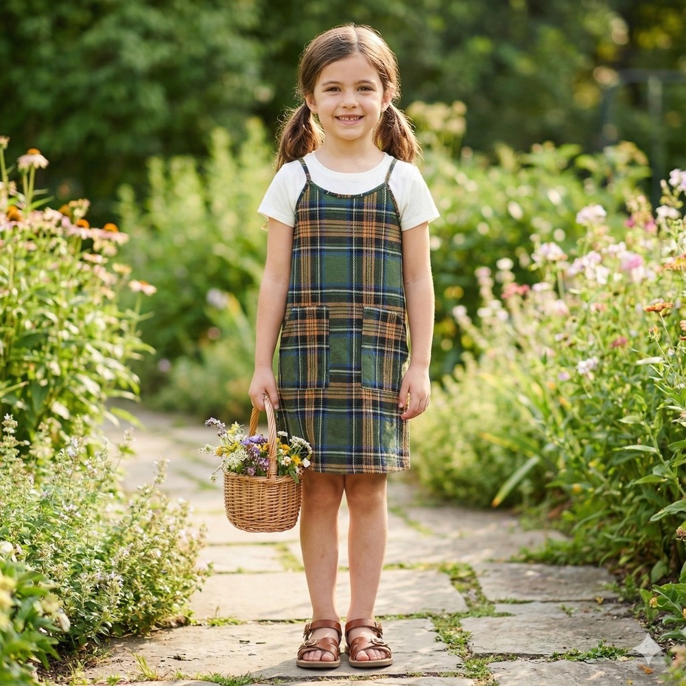 Btween Pinafore Dress Girls 8‎ Green Orange Tartan Plaid Relaxed Jumper School